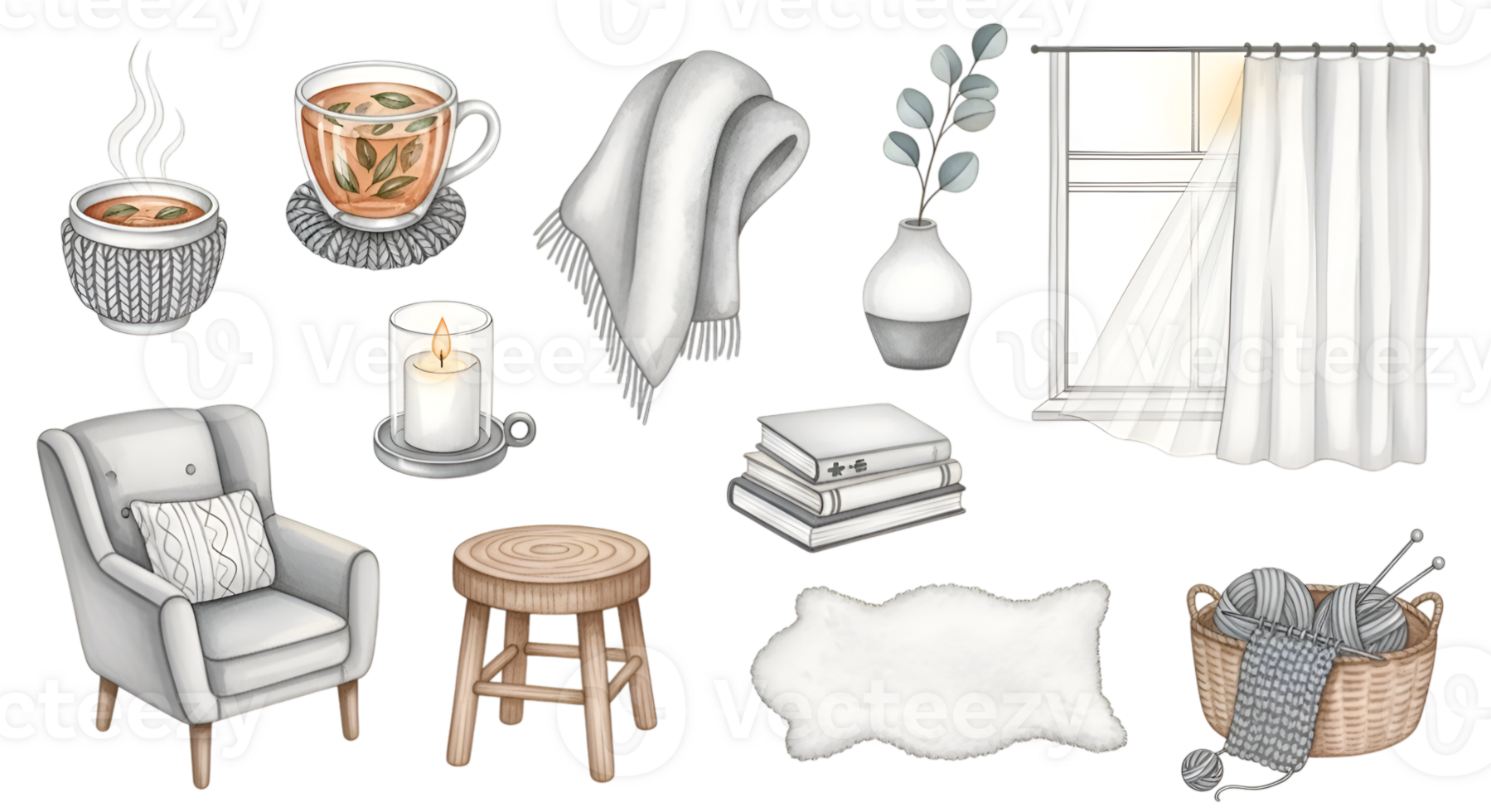 Cozy Still Life with Tea and Knitted Items for Relaxation and Warmth on Transparent Background png