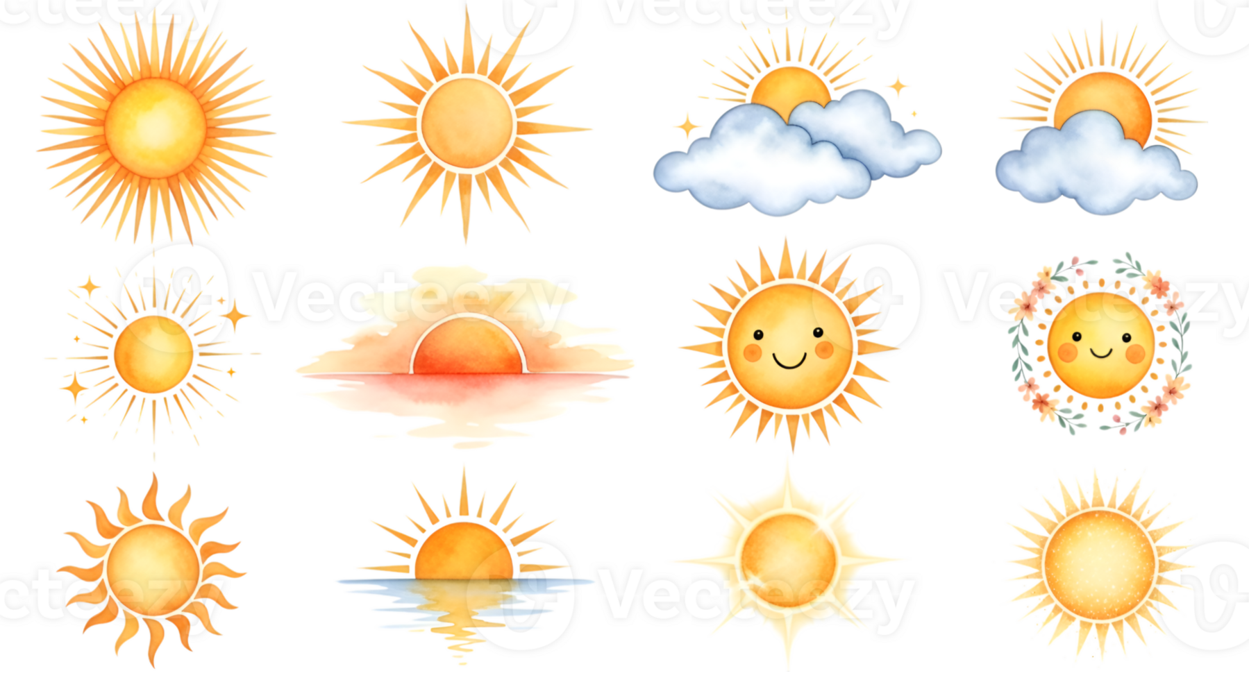 Collection of watercolor suns with clouds and happy faces on transparent background png