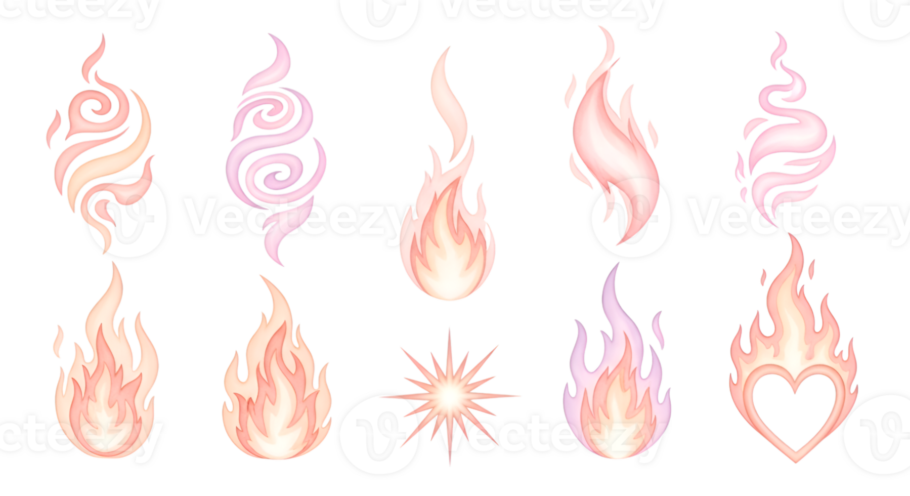 Collection of pixel art flames with soft pinks and reds over transparent backdrop for mystical feel png