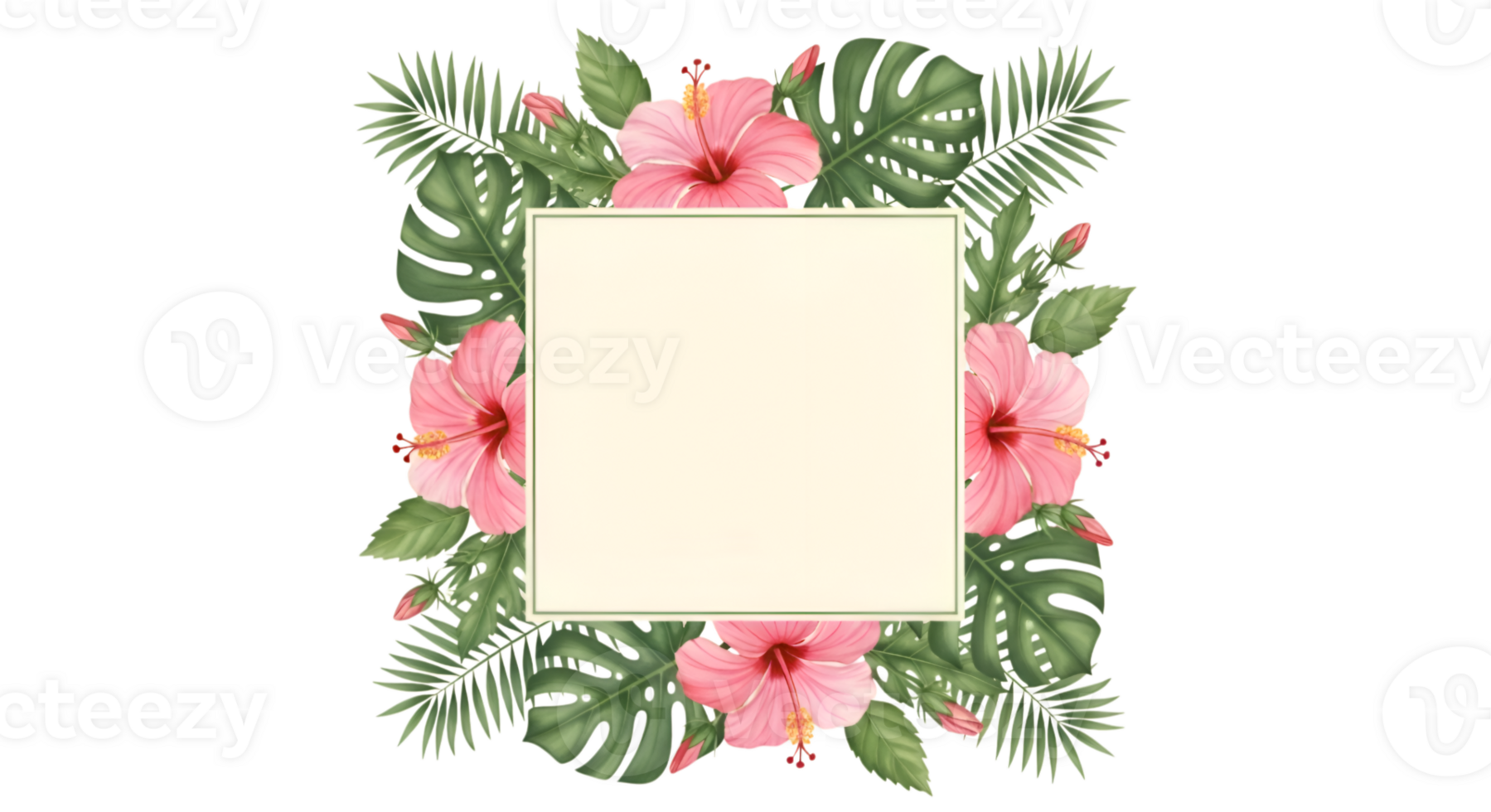 Botanical Square Frame with Hibiscus and Tropical Leaves Illustration png