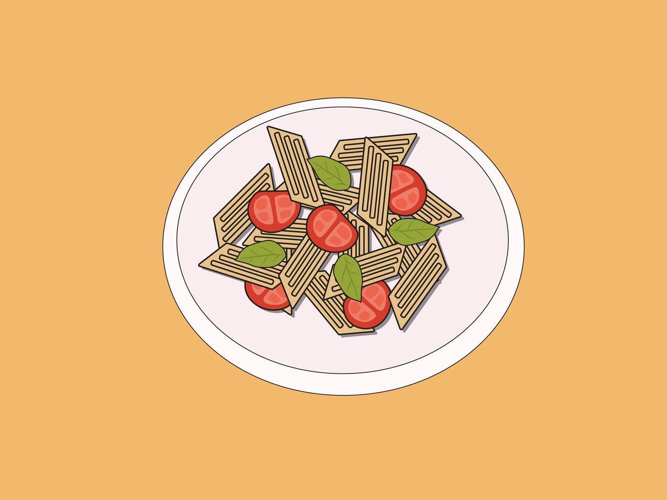 Pasta Delight, A simple yet appetizing illustration of penne pasta with cherry tomatoes and basil leaves, served on a white plate. Perfect for food blogs, recipe websites, or menu designs. vector