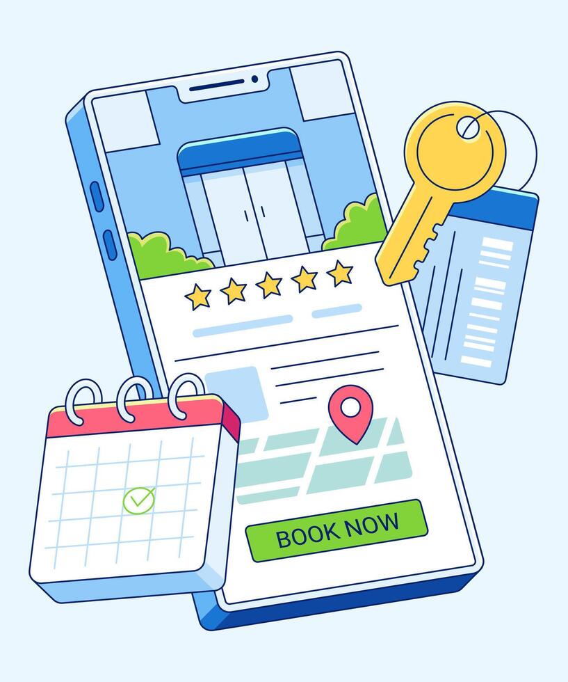 An illustration of a smartphone interface, showcasing property rental services, key, calendar, and map to the user. vector