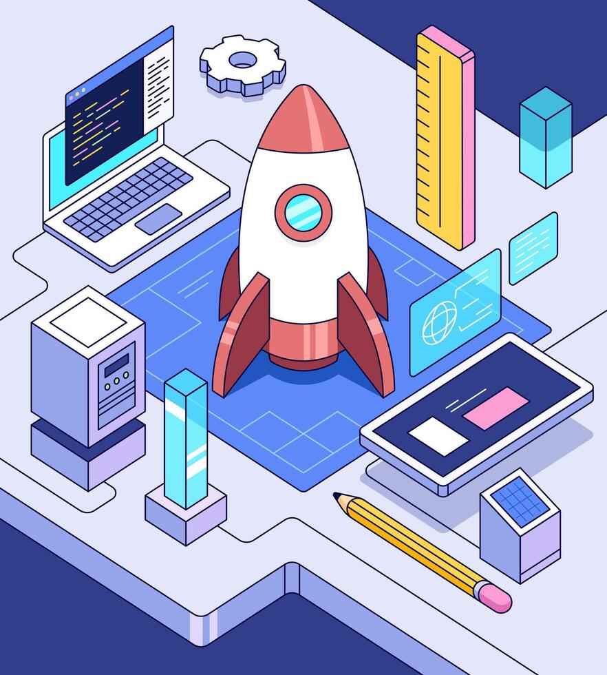 A conceptual flat lay illustration of a rocket, computer, gear and blueprint suggesting technology, innovation and startup. vector
