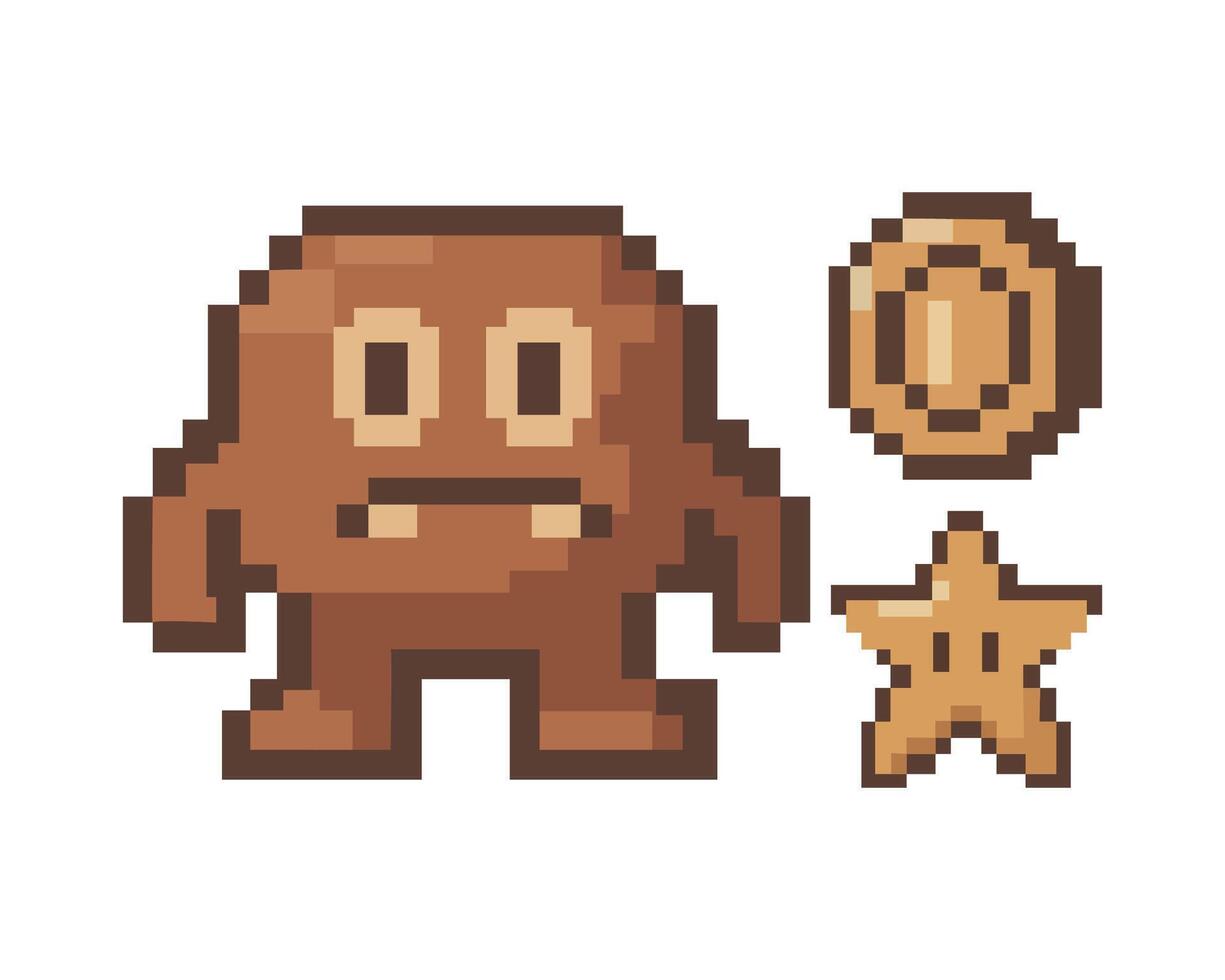 Step into the whimsical world of pixel art where a charming pixelated character, accompanied by a golden coin and star, pops up. vector