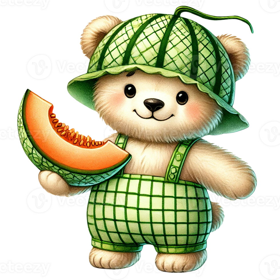 Cute bear character wearing a melon outfit, holding a melon slice. Animal cartoo0 character png