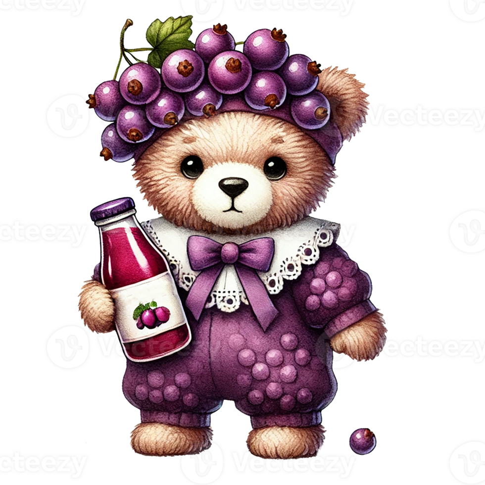 Adorable bear character with grape-themed outfit and juice bottle. Animal cartoo0 character png