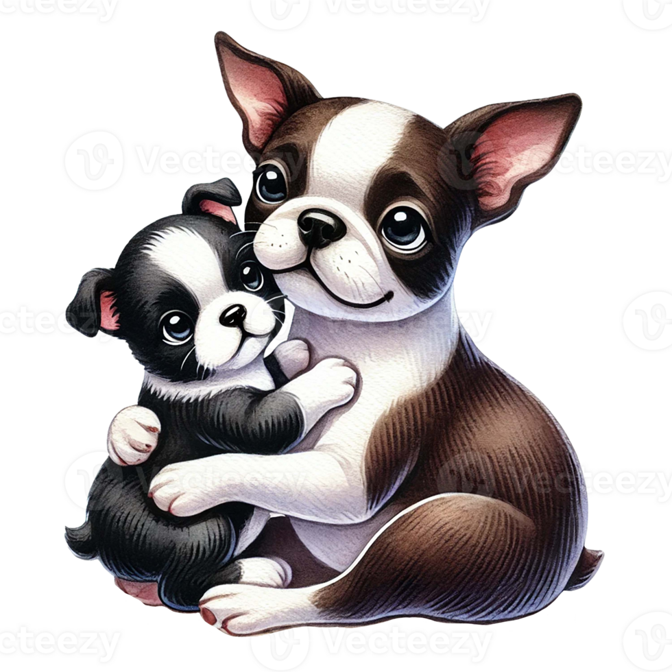 A cute illustration of a dog hugging a puppy with big, expressive eyes. Animal cartoon. png