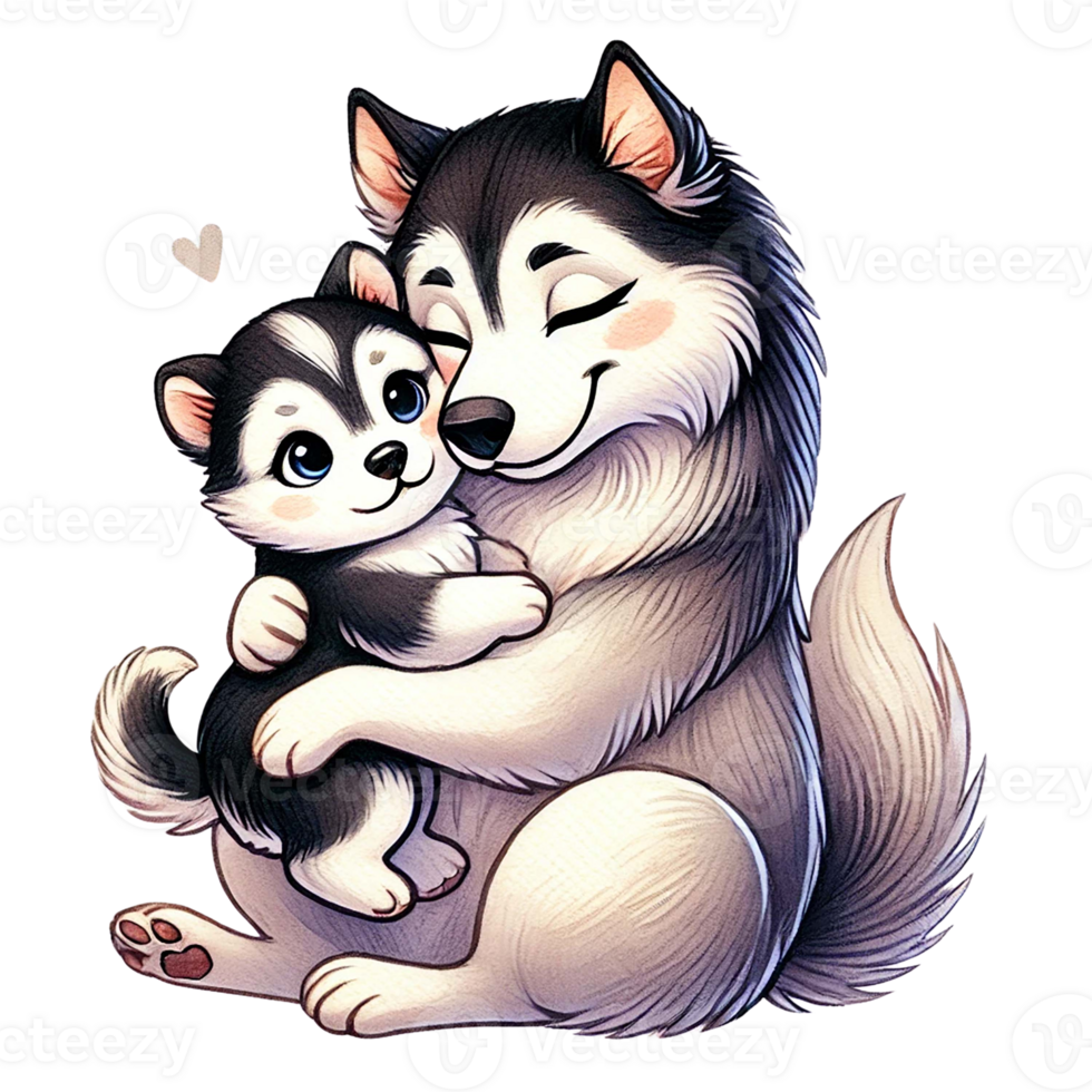 A loving husky mother embraces her adorable puppy. Animal cartoon. png