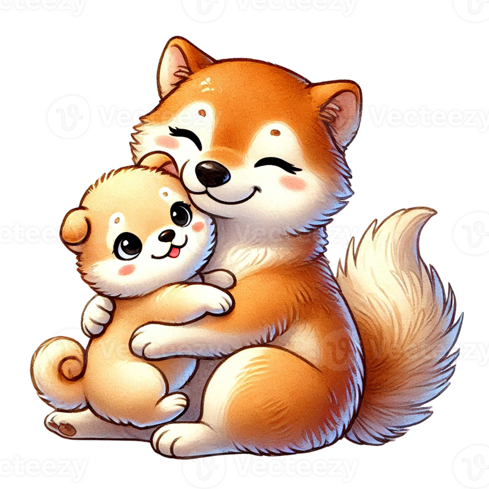 A cute illustration of a mother dog cuddling with her puppy. Animal cartoon. png