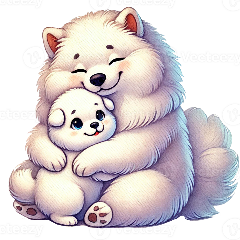 A fluffy white dog and puppy happily embracing each other. Animal cartoon. png
