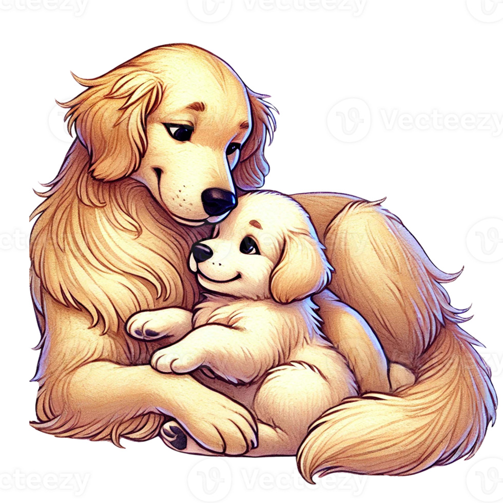 A loving golden retriever with its adorable puppy, showcasing bond. Animal cartoon. png