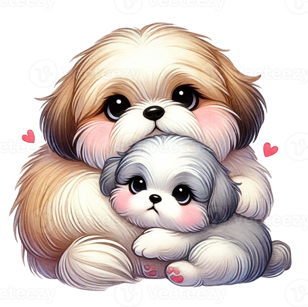 Two adorable, fluffy puppies cuddling together in a sweet moment. Animal cartoon. png