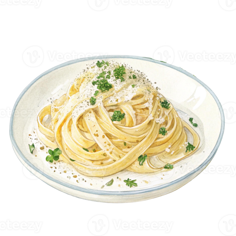 Delicious plate of creamy pasta topped with herbs and cheese. Watercolor clipart png