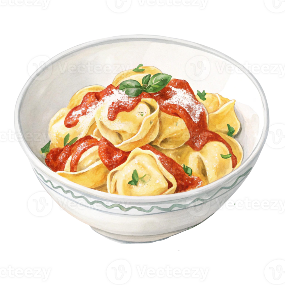 Delicious pasta dish with tomato sauce and fresh basil garnish. Watercolor clipart png