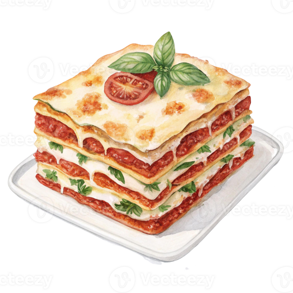 Delicious homemade lasagna layered with fresh ingredients. Watercolor clipart png