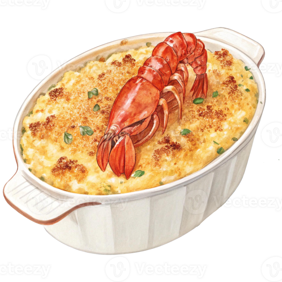 Delicious seafood casserole topped with crispy breadcrumbs. Watercolor clipart png