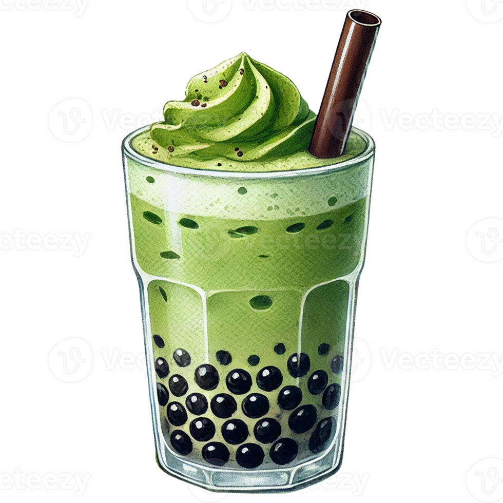 Delicious green bubble tea with creamy topping and straw. watercolor clipart. png