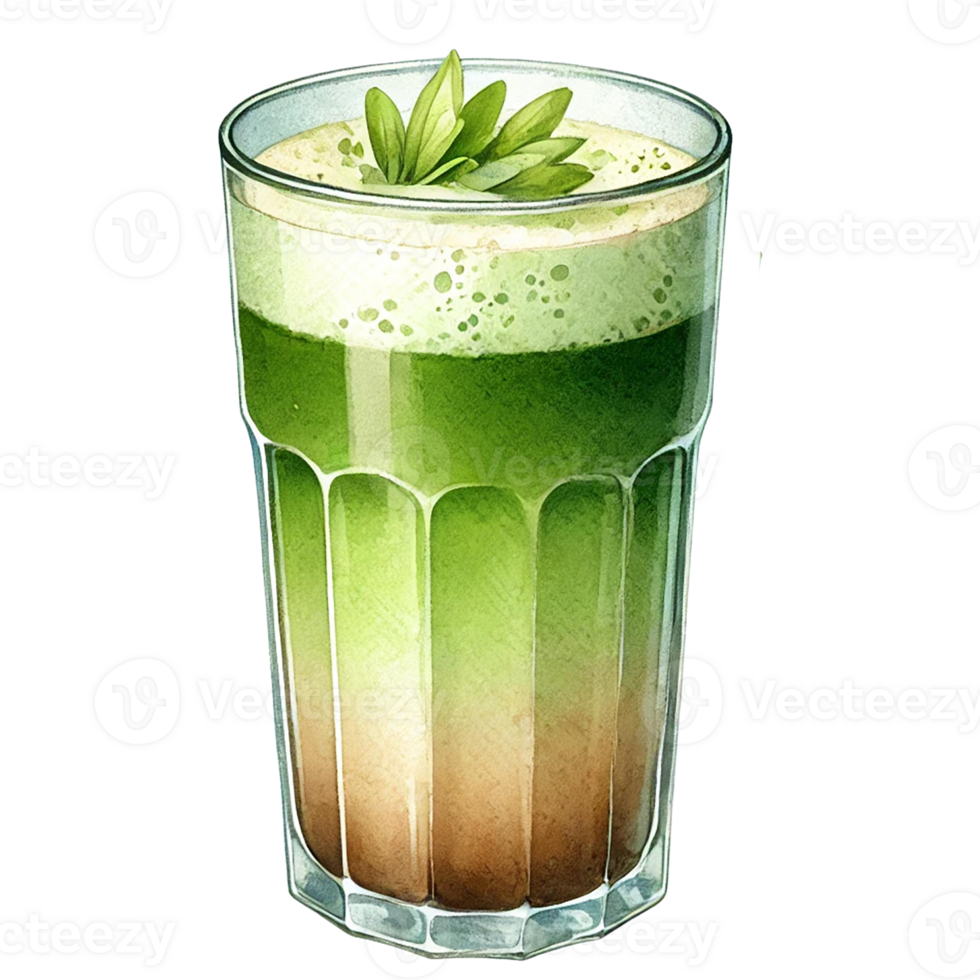 A refreshing layered smoothie in a glass with green and brown hues. watercolor clipart. png