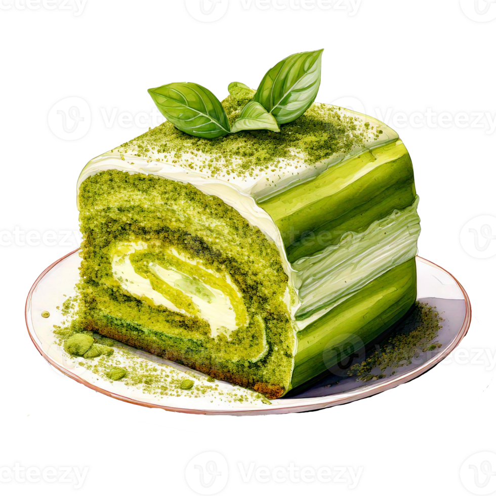 Delicious green matcha roll cake garnished with fresh basil leaves. watercolor clipart. png