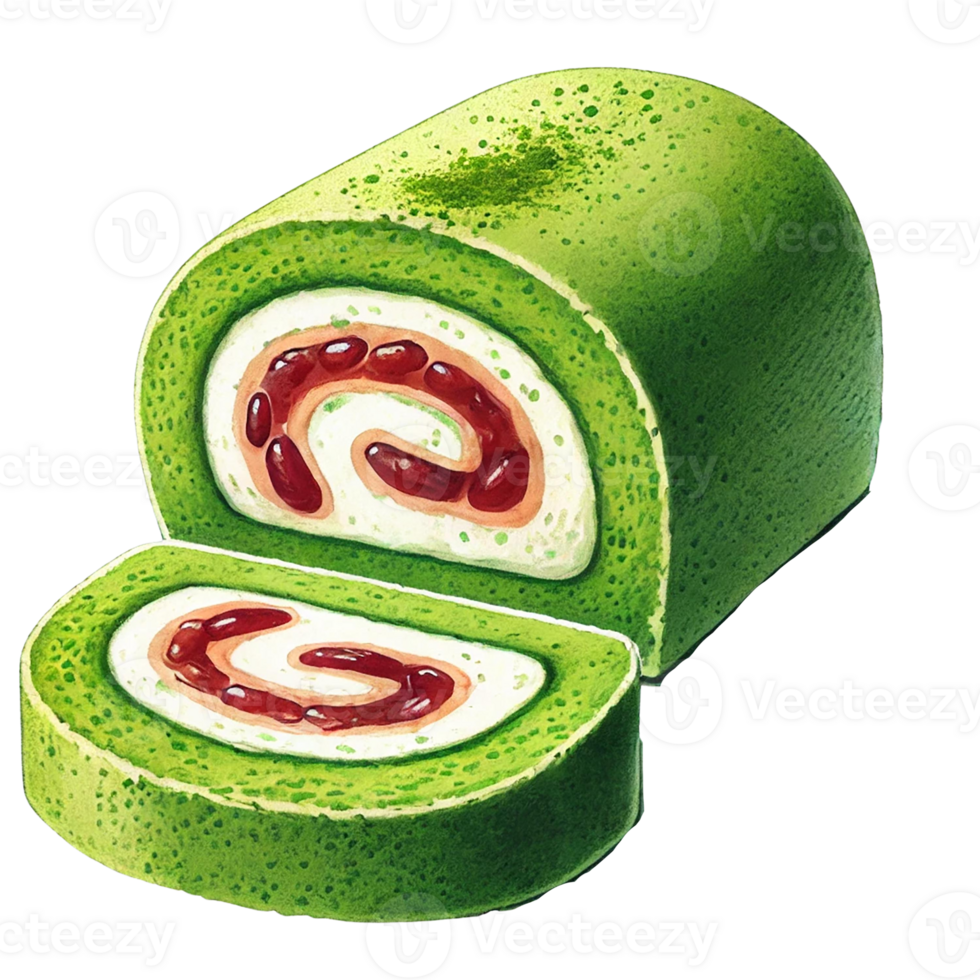 Fresh matcha roll cake with vibrant green color and sweet filling. watercolor clipart. png