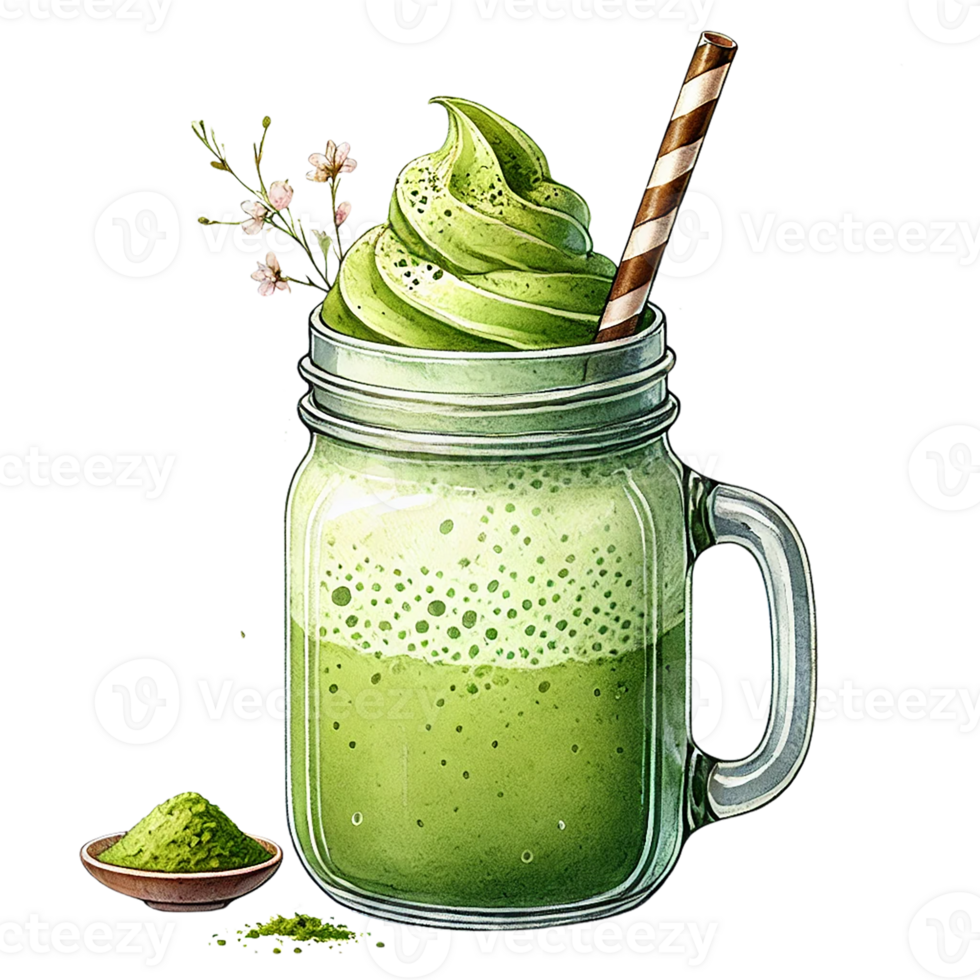 Refreshing green matcha smoothie in a jar with a straw. watercolor clipart. png