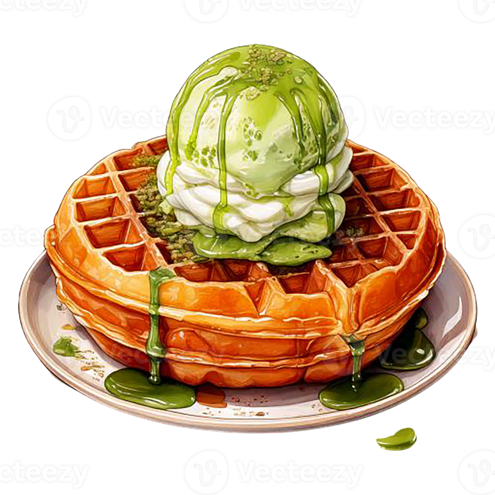 Delicious waffle topped with green tea ice cream and syrup. watercolor clipart. png
