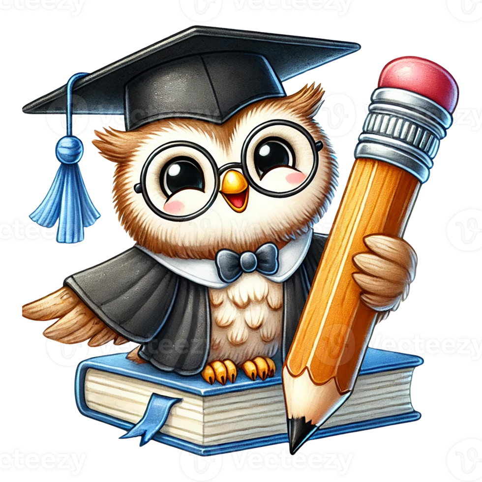 A cute owl wearing a graduation cap with a pencil and book. Animal cartoon character. png