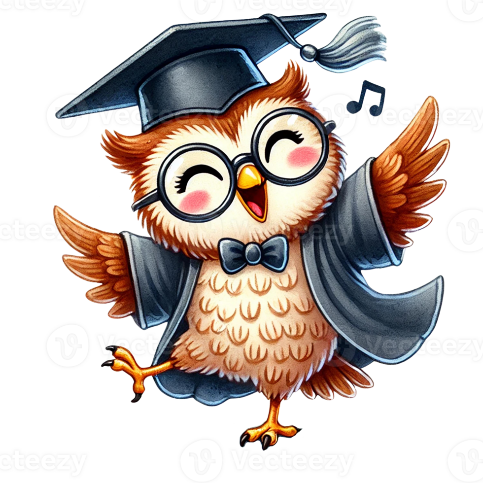 A joyful graduation owl celebrating in academic attire. Animal cartoon character. png