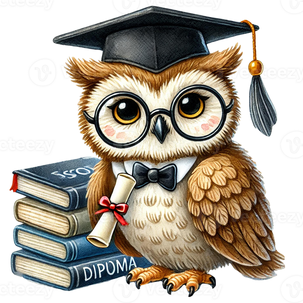 A wise owl wearing a graduation cap and glasses with diploma. Animal cartoon character. png