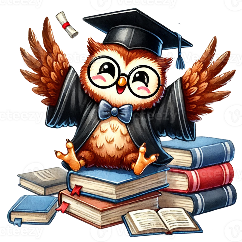 Cheerful owl graduate celebrating atop stacked books. Animal cartoon character. png