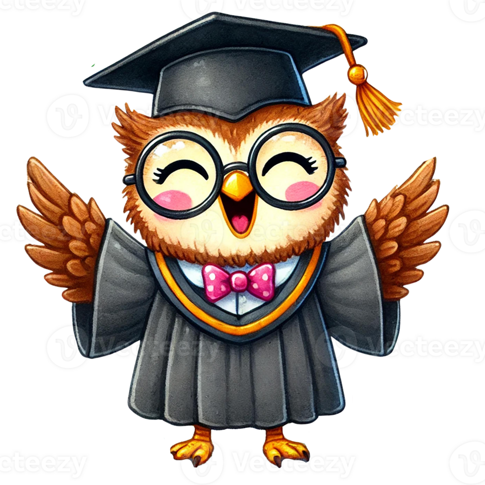 Cheerful cartoon owl celebrating graduation with a cap and gown. Animal cartoon character. png