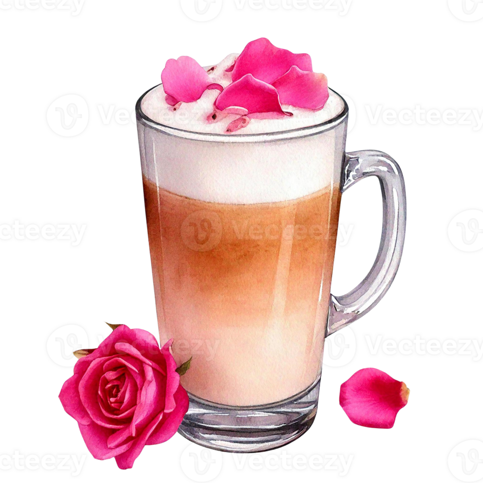 A delightful beverage topped with rose petals in a glass mug. Watercolor clipart png