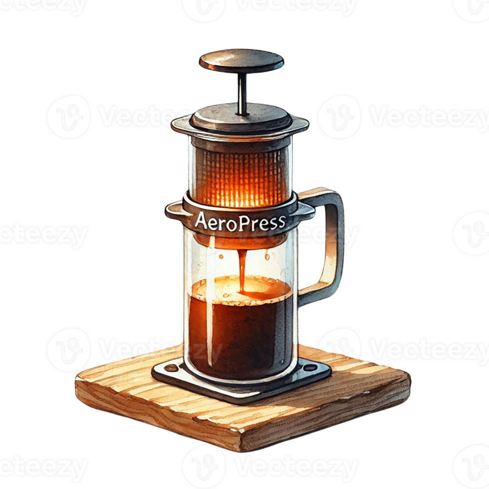AeroPress coffee maker brewing fresh coffee in a stylish design. Watercolor clipart png