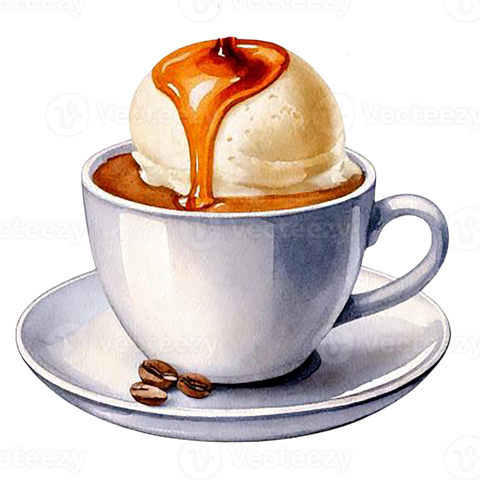 Delicious coffee dessert with creamy ice cream and caramel drizzle. Watercolor clipart png