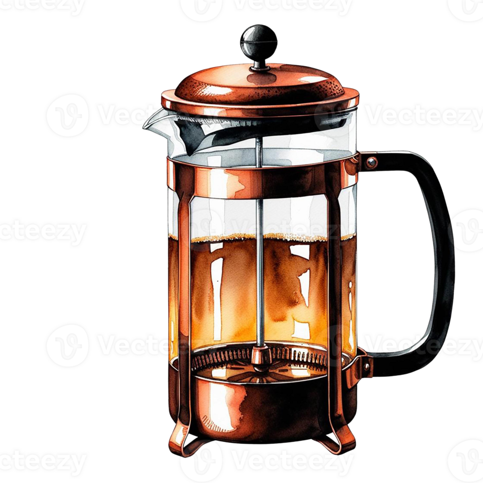 Elegant French press coffee maker with rich brewing coffee. Watercolor clipart png