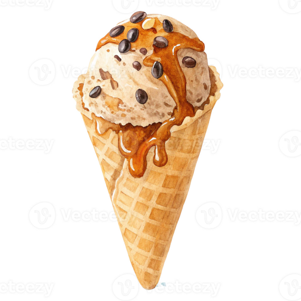 Delicious ice cream cone topped with chocolate drizzle and sprinkles. Watercolor clipart png