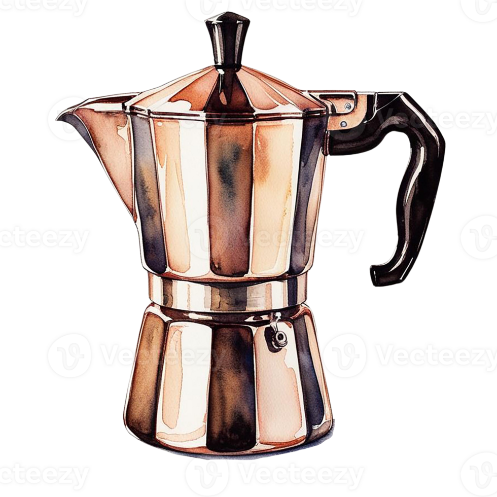 Elegant stovetop espresso maker in shiny metal finish. Watercolor clipart png