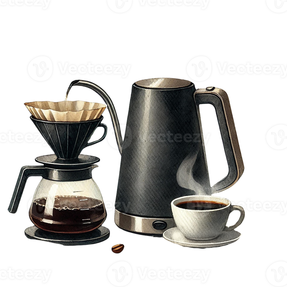 Freshly brewed coffee and equipment for the perfect morning ritual. Watercolor clipart png