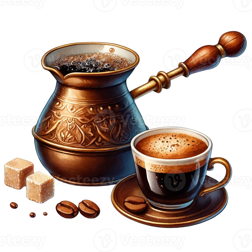 A beautifully crafted coffee pot and cup with sugar cubes. Watercolor clipart png