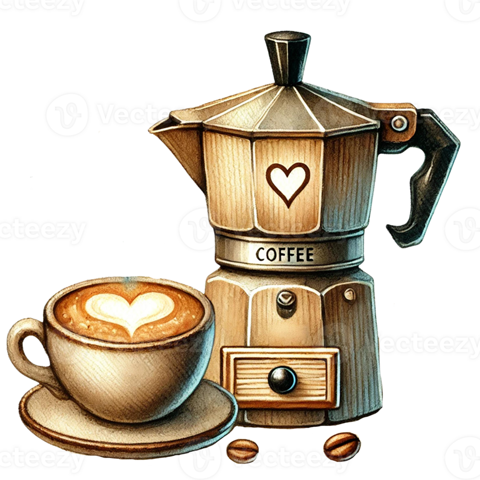 A charming coffee pot beside a beautifully crafted coffee cup. Watercolor clipart png