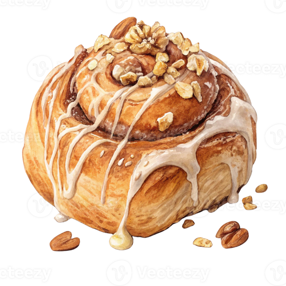 Delicious cinnamon roll topped with icing and nuts, freshly baked. Watercolor clipart png