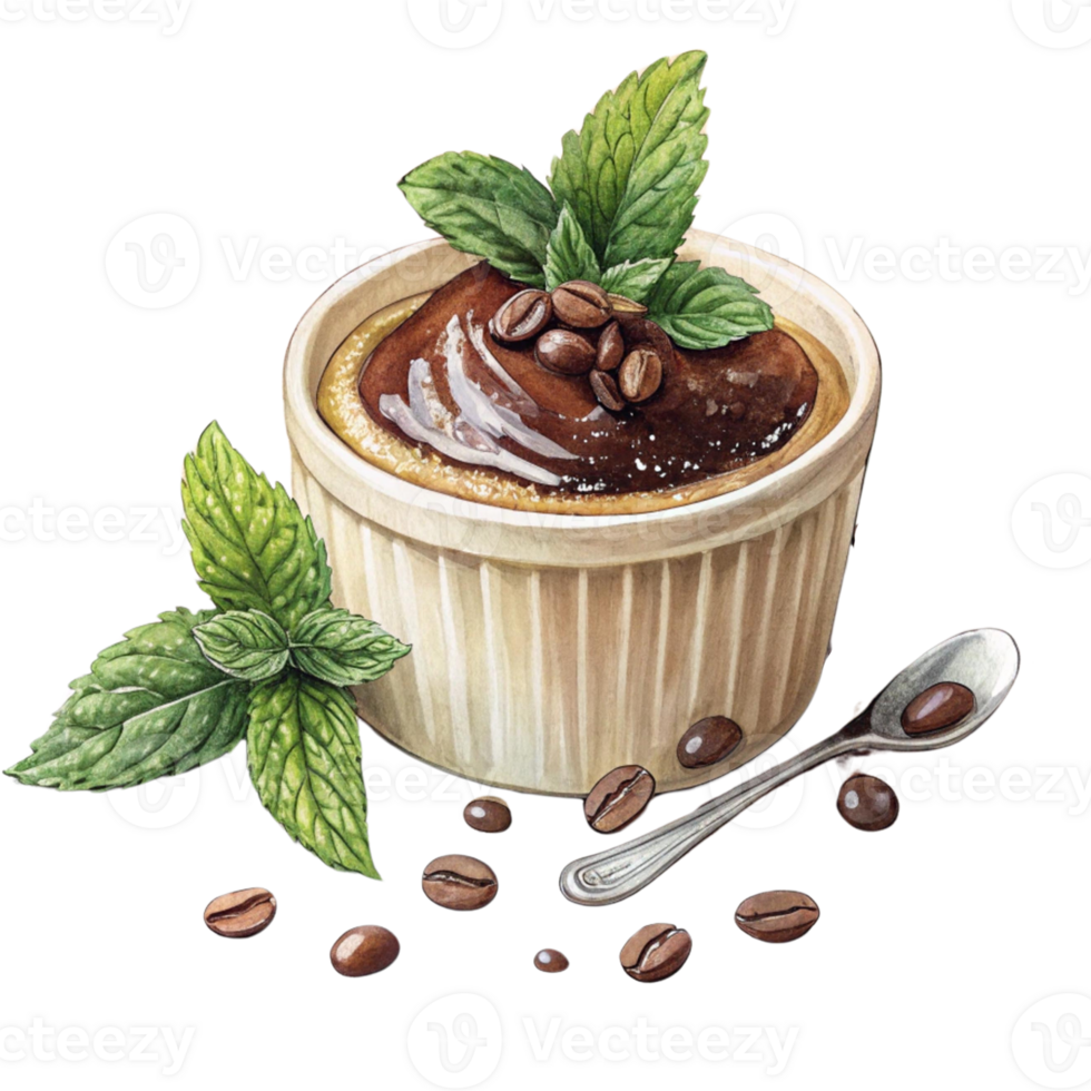 Delicious dessert in a cup with coffee and mint leaves. Watercolor clipart png