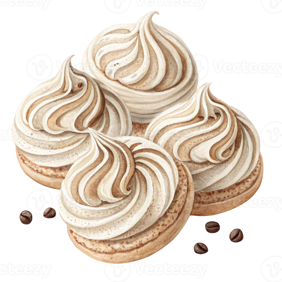 Delicious meringue cookies topped with swirls of cream. Watercolor clipart png