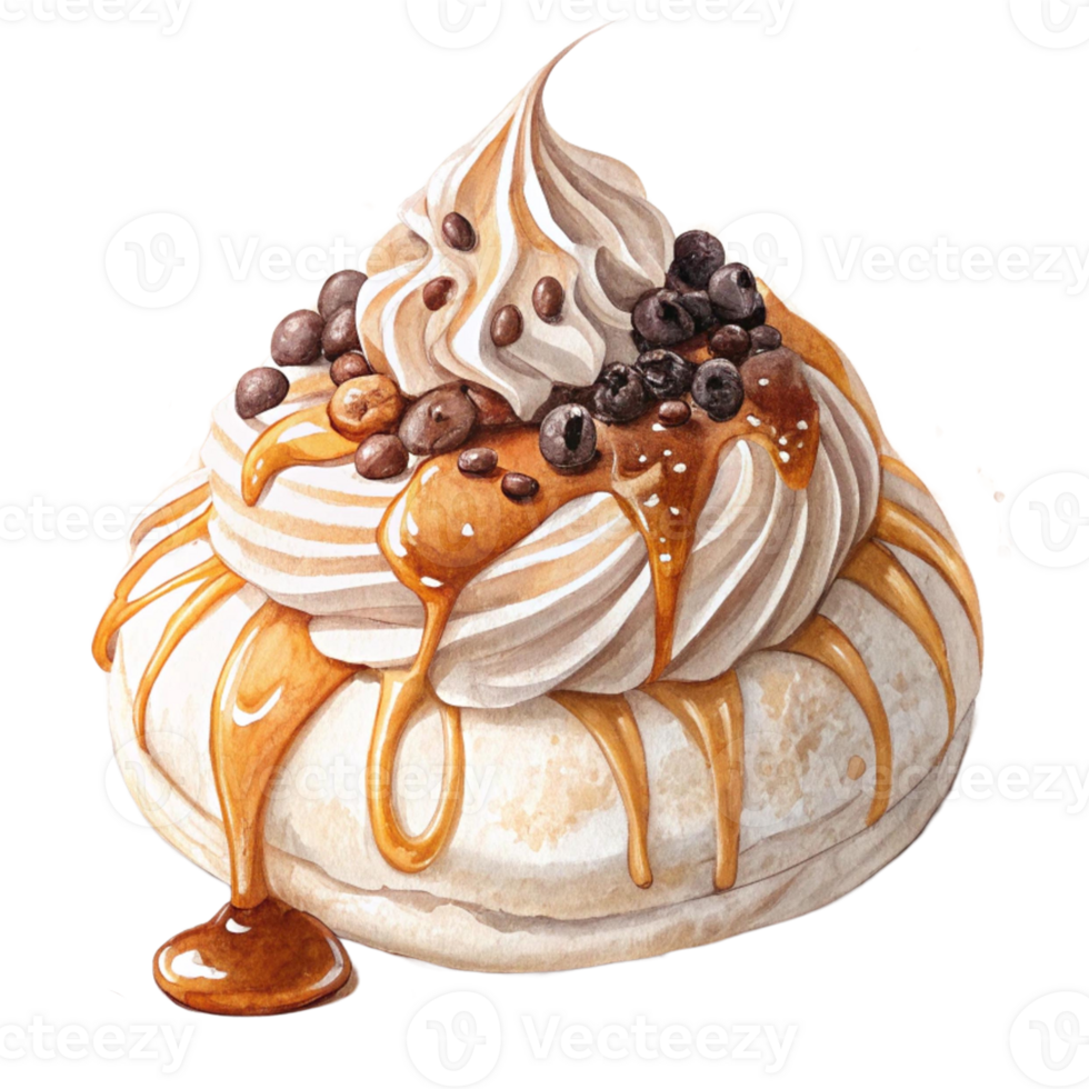 Delicious dessert topped with cream, chocolate, and caramel drizzle. Watercolor clipart png