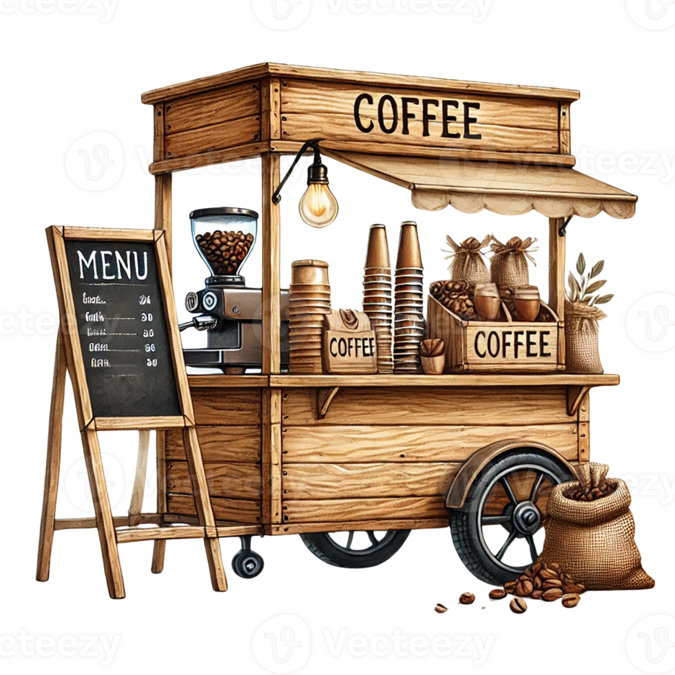 Charming coffee cart with a menu and fresh coffee options. Watercolor clipart png
