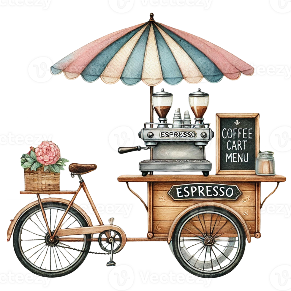 Charming coffee cart with espresso machine and colorful umbrella. Watercolor clipart png