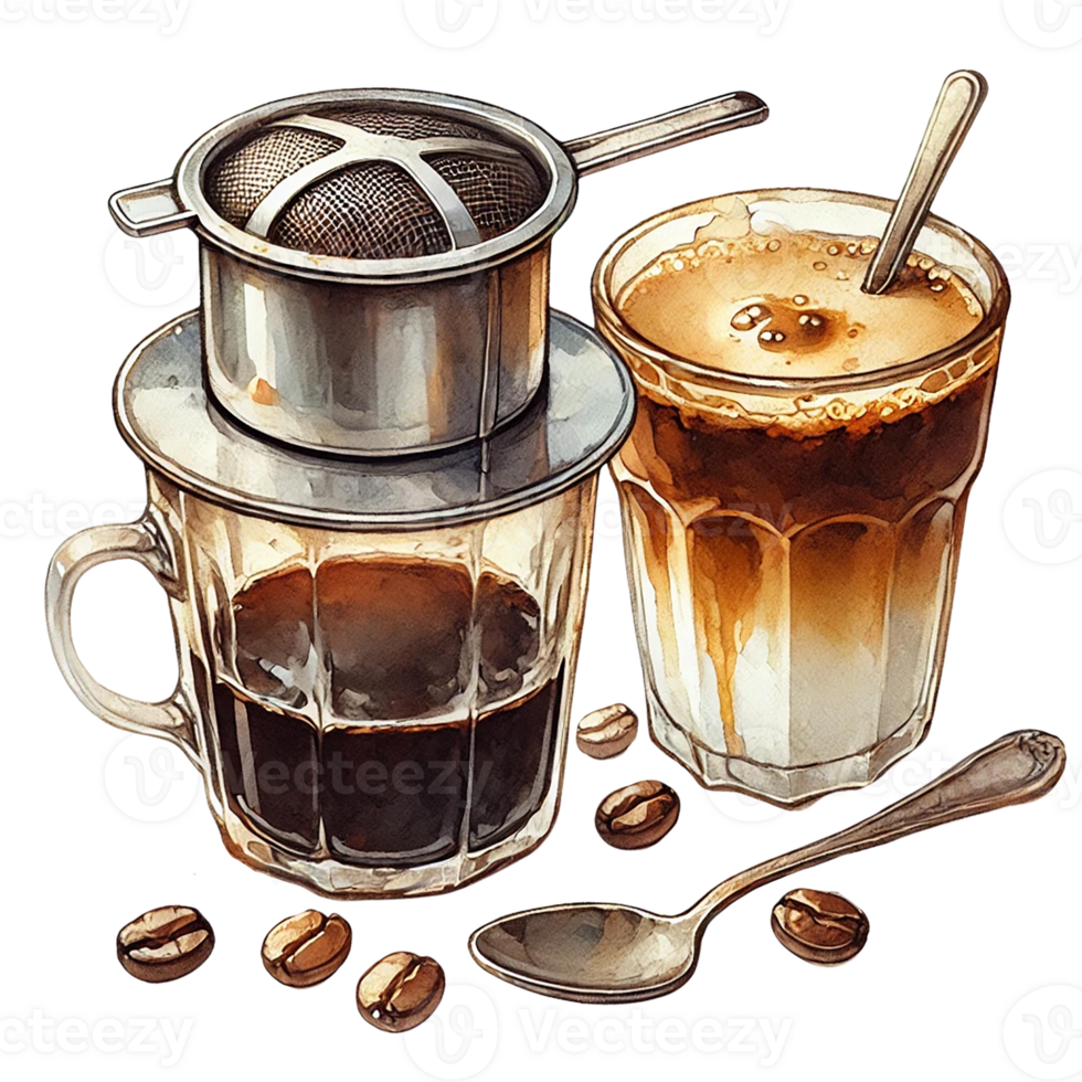 Artistic representation of coffee brewing and served cups. Watercolor clipart png