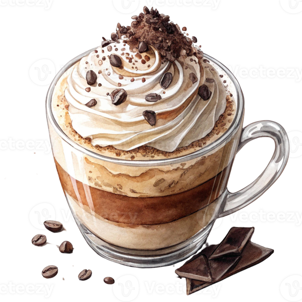 Delicious layered coffee dessert topped with whipped cream. Watercolor clipart png
