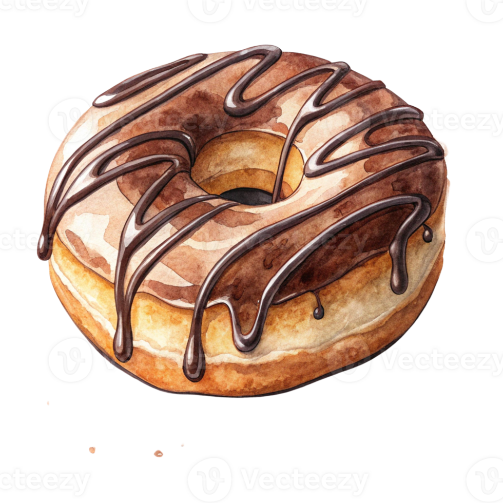 Delicious chocolate glazed donut with dripping icing. Watercolor clipart png