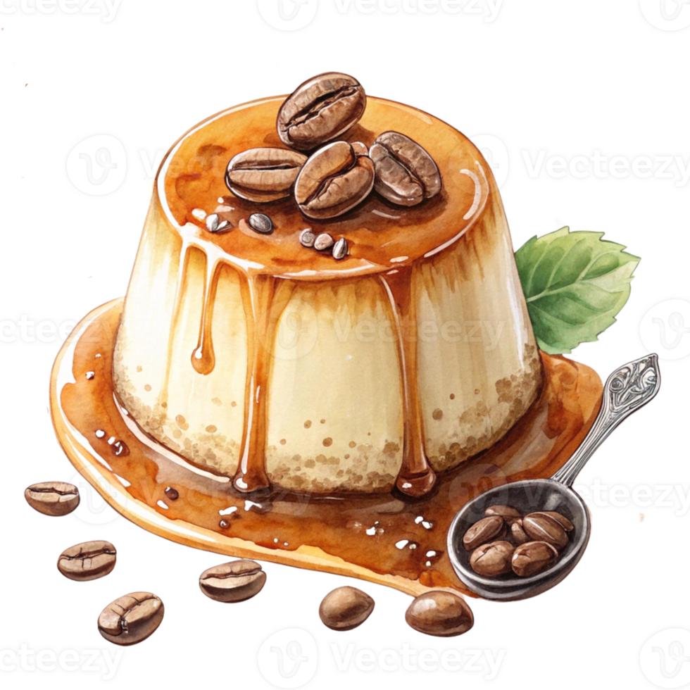 Delicious caramel dessert topped with coffee beans and mint leaf. Watercolor clipart png